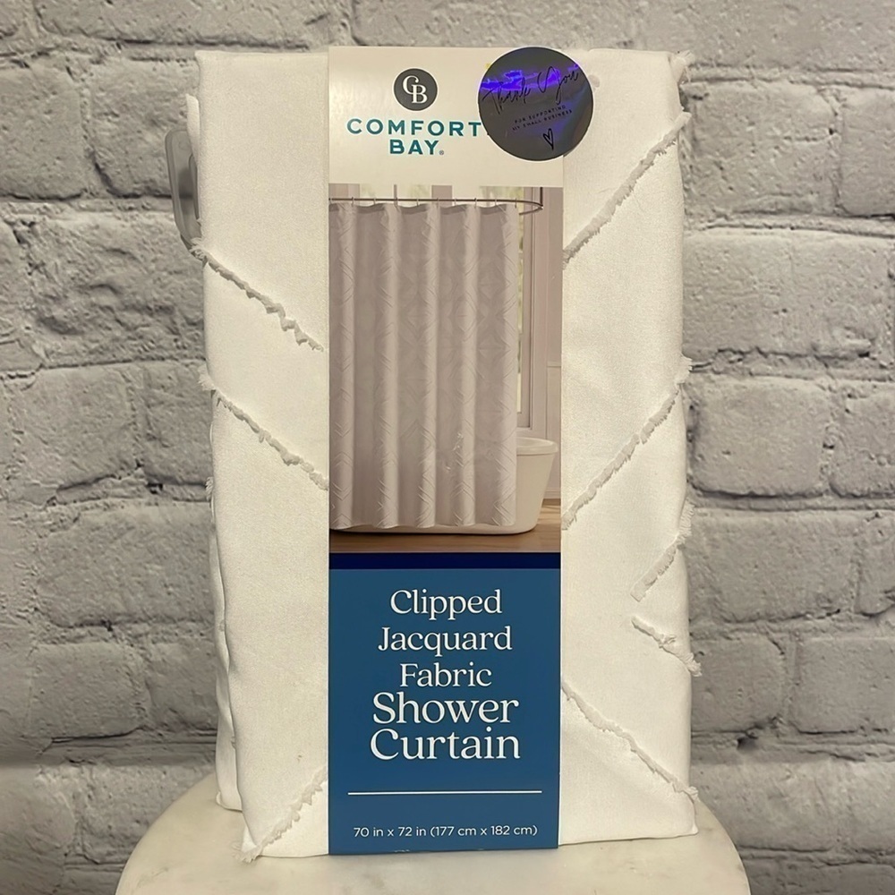 Comfort Bay clipped Jacard fabric shower curtain All White New in package